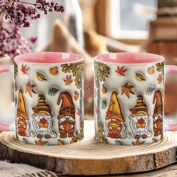 Őszi mintás bögre 3D pufi hatású "Gnomes" rózsaszín