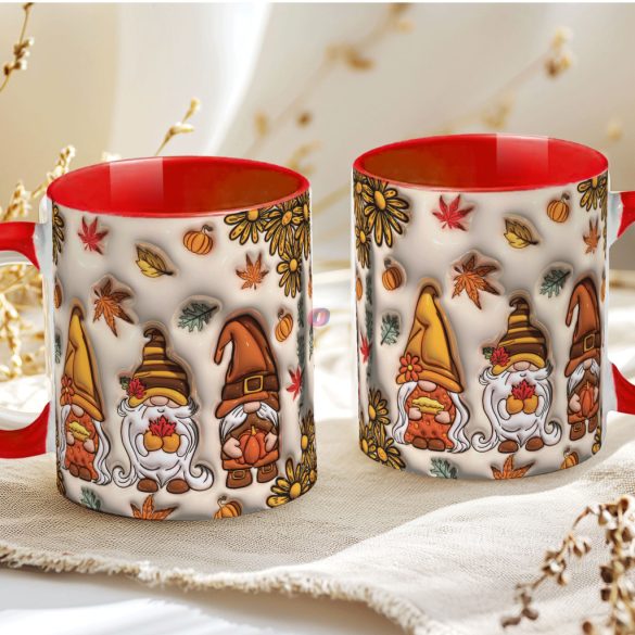 Őszi mintás bögre 3D pufi hatású "Gnomes" red