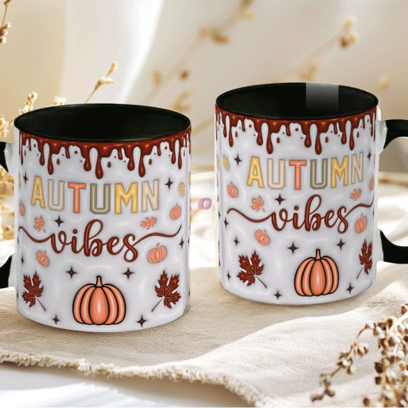 Őszi mintás bögre 3D pufi hatású "Autumn Vibes" fekete