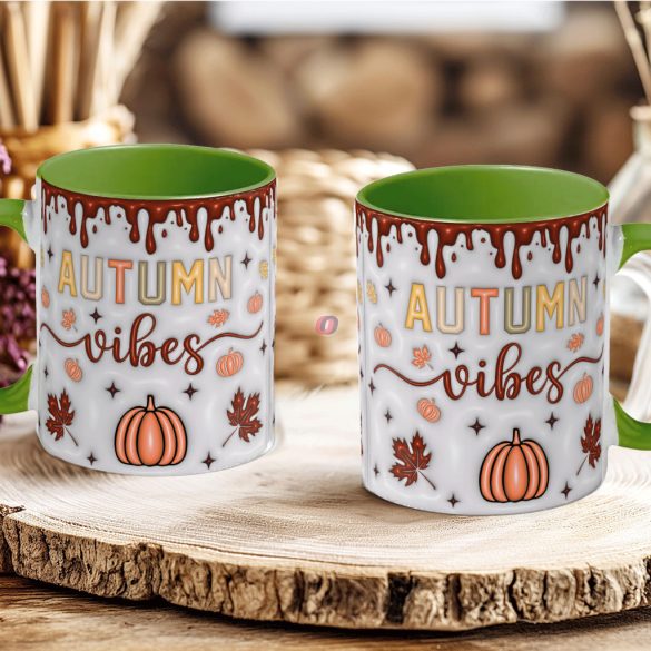 Őszi mintás bögre 3D pufi hatású "Autumn Vibes" zöld