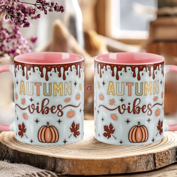Őszi mintás bögre 3D pufi hatású "Autumn Vibes" rózsaszín