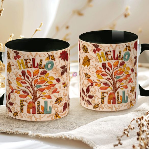 Őszi mintás bögre 3D pufi hatású "Hello Fall" fekete