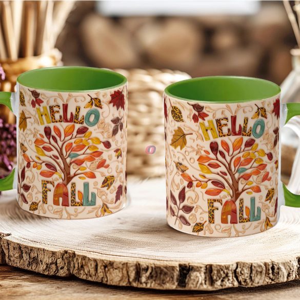 Őszi mintás bögre 3D pufi hatású "Hello Fall" zöld
