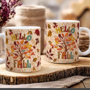   Őszi mintás bögre 3D pufi hatású "Hello Fall" kerámia