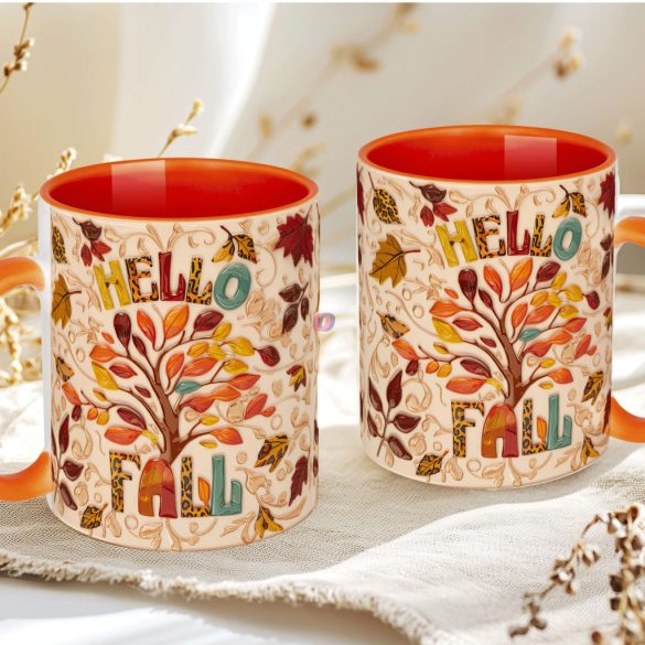 Őszi mintás bögre 3D pufi hatású "Hello Fall" narancssárga