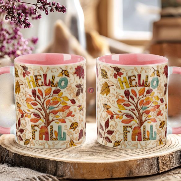 Őszi mintás bögre 3D pufi hatású "Hello Fall" rózsaszín