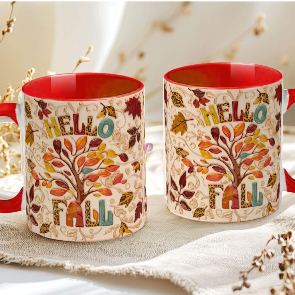 Őszi mintás bögre 3D pufi hatású "Hello Fall" red