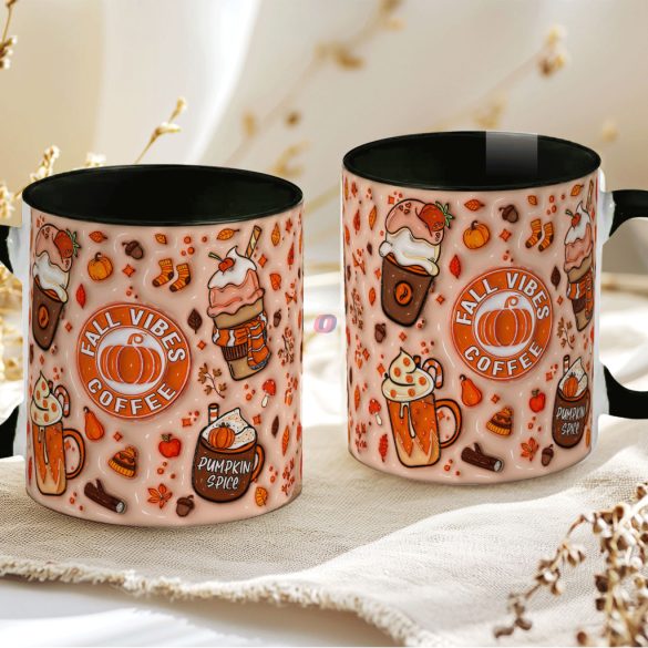 Őszi mintás bögre 3D pufi hatású "Fall vibes Coffe" fekete