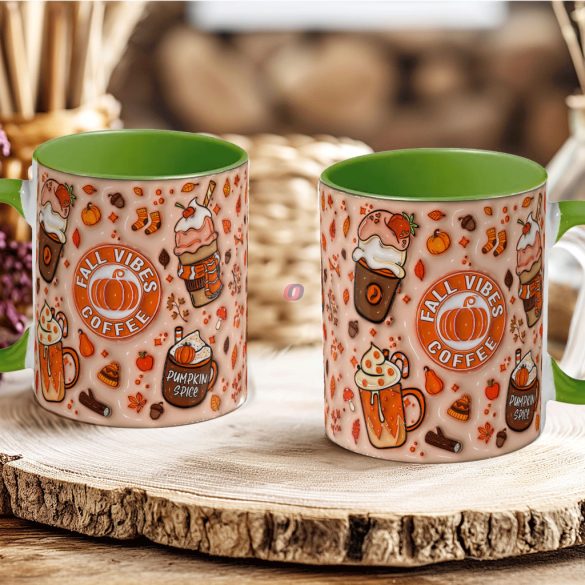 Őszi mintás bögre 3D pufi hatású "Fall vibes Coffe" zöld