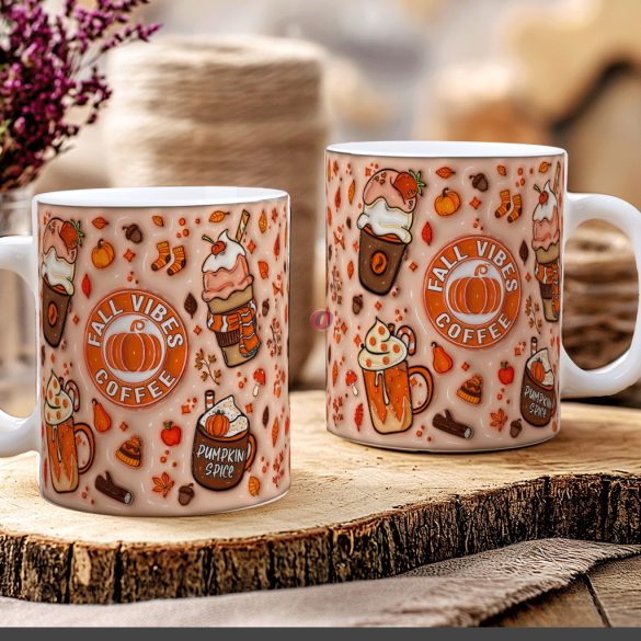 Őszi mintás bögre 3D pufi hatású "Fall vibes Coffe" kerámia