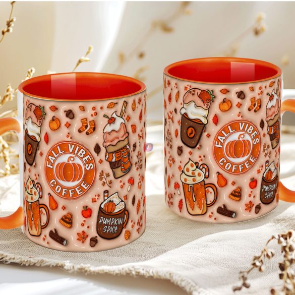 Őszi mintás bögre 3D pufi hatású "Fall vibes Coffe" narancssárga