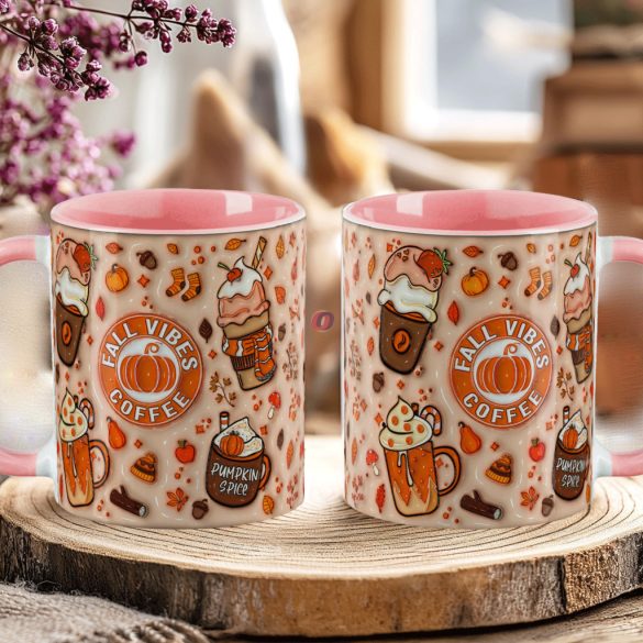 Őszi mintás bögre 3D pufi hatású "Fall vibes Coffe" rózsaszín