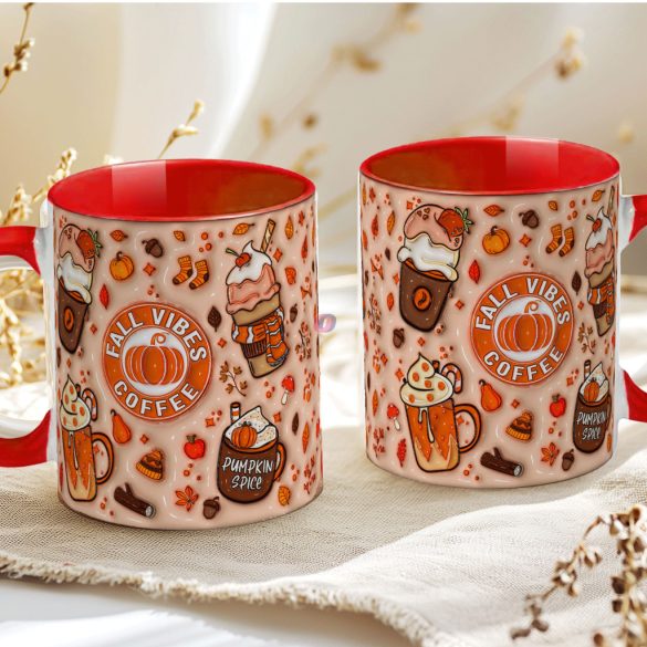 Őszi mintás bögre 3D pufi hatású "Fall vibes Coffe" red