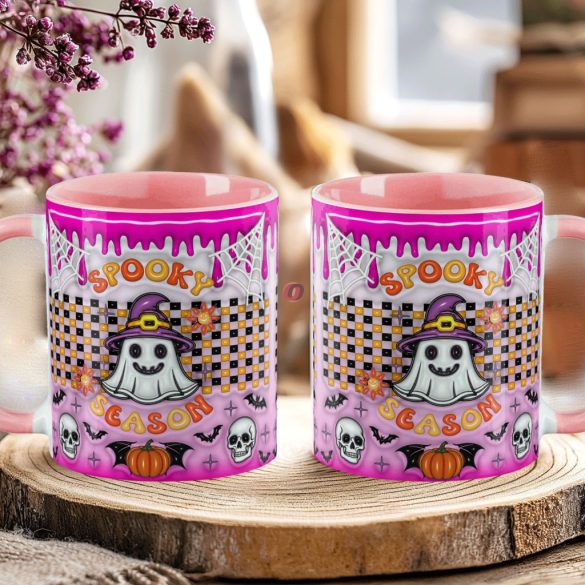 Őszi mintás bögre 3D pufi hatású "Spooky Season"  rózsaszín