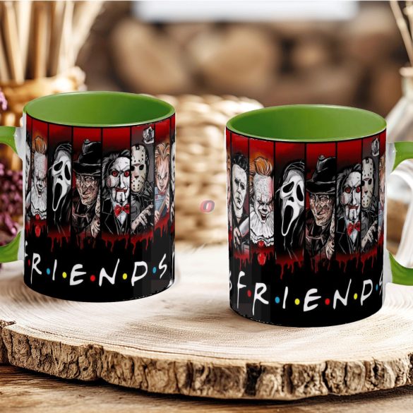 Halloween mintás bögre "Friends" Horror karakterekkel zöld