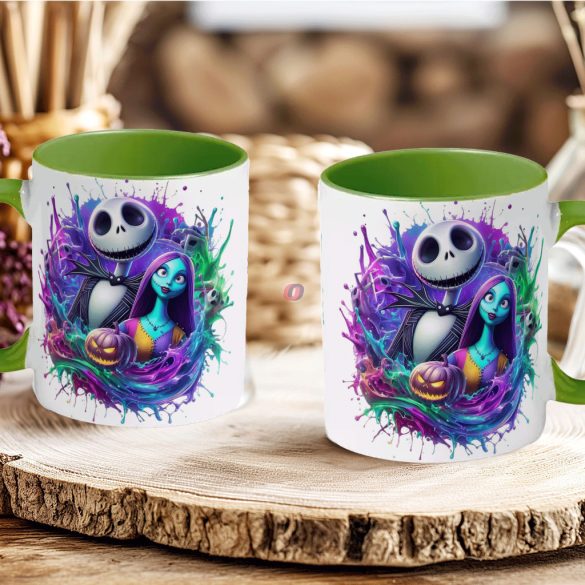 Halloween mintás bögre "Jack and Sally" zöld