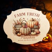   Halloweeni nyomtatott fatábla "Farm fresh Pumpkins" 14x19 cm