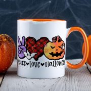   Halloween mintás bögre "Love, piece, Halloween" Narancssárga
