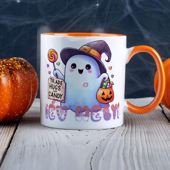 Egyedi neves Halloweeni bögre Cuki szellemes, személyre szabható 330 ml Narancssárga