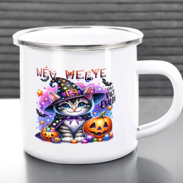 Egyedi Halloweeni fém retro bögre, Cuki cicás, személyre szabható 360ml