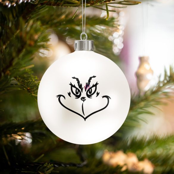 Egyedi, üveg Grincs karácsonyfa gömb 8cm, fehér, "Grinch face"