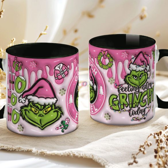 Grincs mintás karácsonyi bögre 3D pufi hatású "Pink Grinch fuel" fekete