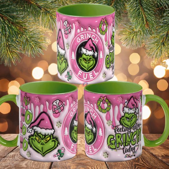 Grincs mintás karácsonyi bögre 3D pufi hatású "Pink Grinch fuel" zöld