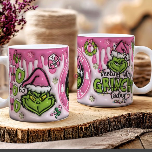 Grincs mintás karácsonyi bögre 3D pufi hatású "Pink Grinch fuel" kerámia