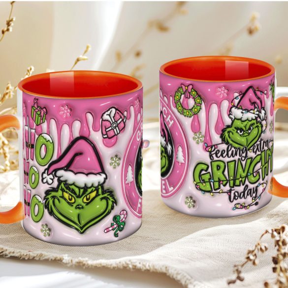 Grincs mintás karácsonyi bögre 3D pufi hatású "Pink Grinch fuel" narancssárga
