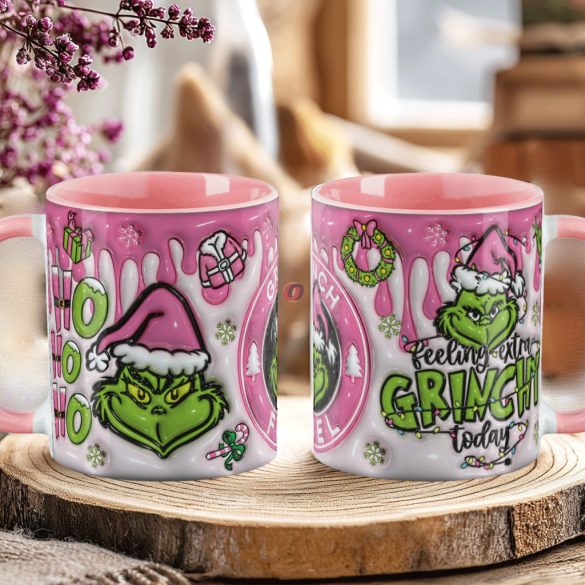 Grincs mintás karácsonyi bögre 3D pufi hatású "Pink Grinch fuel" rózsaszín