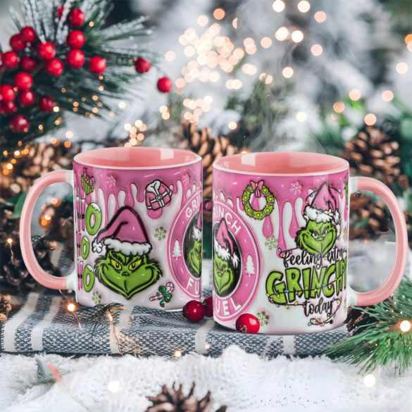 Grincs mintás karácsonyi bögre 3D pufi hatású "Pink Grinch fuel" rózsaszín