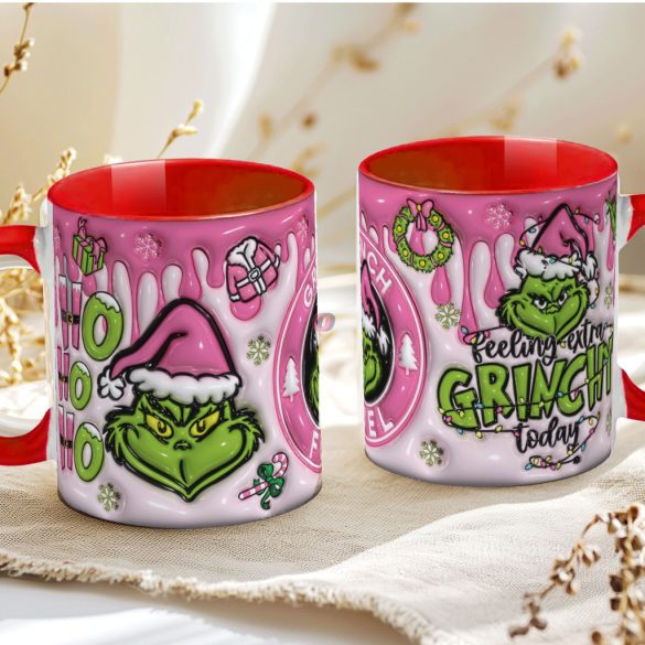 Grincs mintás karácsonyi bögre 3D pufi hatású "Pink Grinch fuel" red