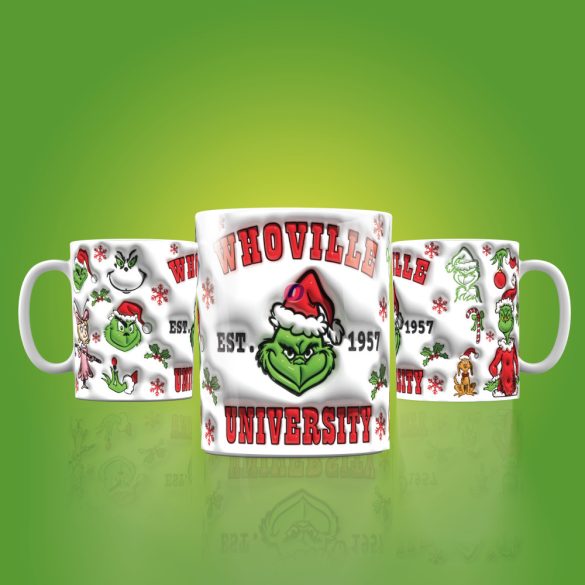 Grincs mintás karácsonyi bögre 3D pufi hatású "Whoville University"