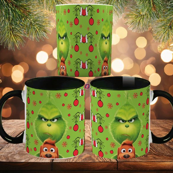 Grincs mintás karácsonyi bögre 3D pufi hatású "Grinch x Max" fekete