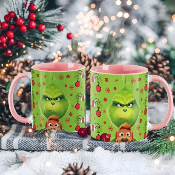 Grincs mintás karácsonyi bögre 3D pufi hatású "Grinch x Max" rózsaszín