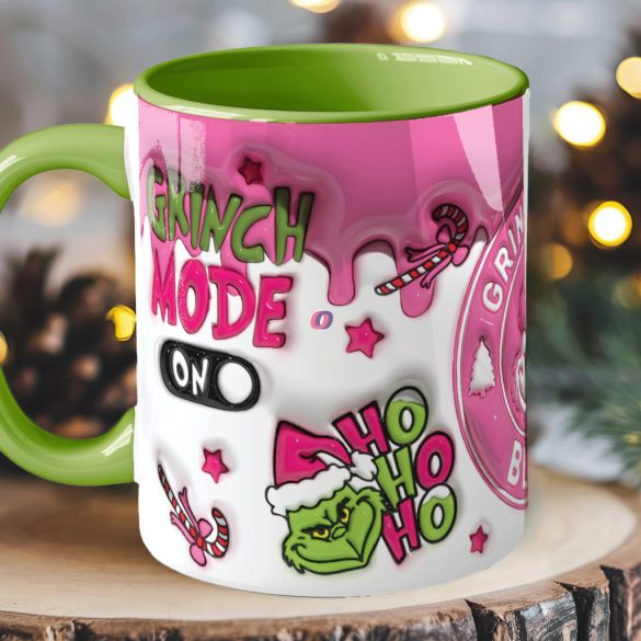Grincses karácsonyi bögre "Grinch mode on" pufi hatású zöld bögre