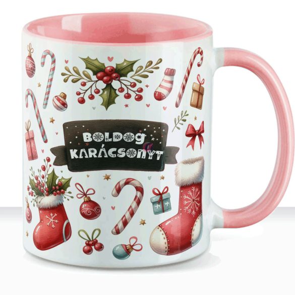 Egyedi neves karácsonyi bögre "Candy Christmas" 330 ml kerámia Rózsaszín Full HD