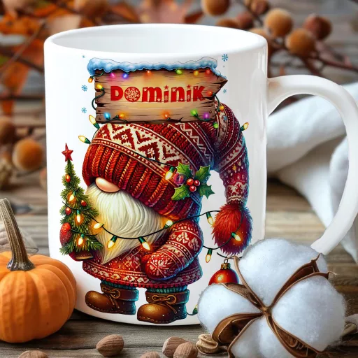 Egyedi neves karácsonyi bögre "Piros karácsonyi manó" 330 ml kerámia Full HD