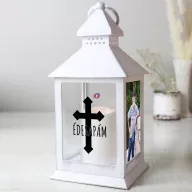   Személyre szabható fényképes LED lámpás +névvel 24 cm, fehér, sírdísz, emlékhelyre, egyedi