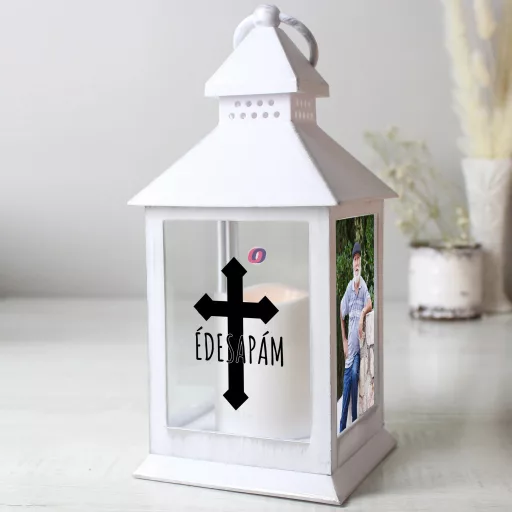 Személyre szabható fényképes LED lámpás +névvel 24 cm, fehér, sírdísz, emlékhelyre, egyedi