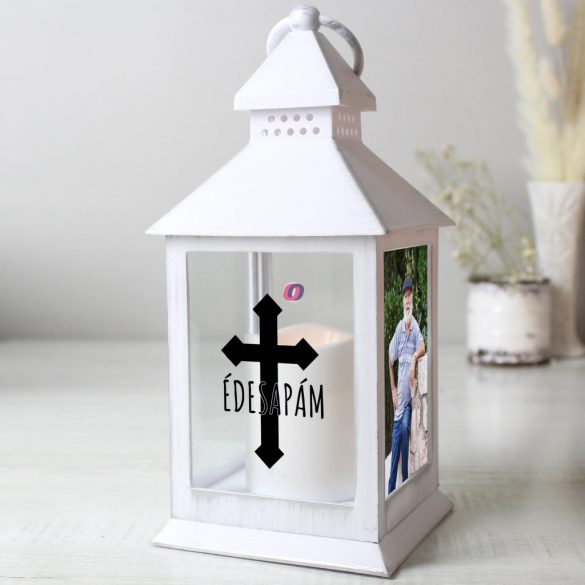 Személyre szabható fényképes LED lámpás +névvel 24 cm, fehér, sírdísz, emlékhelyre, egyedi