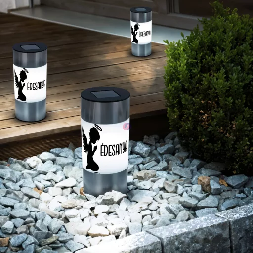 Napelemes sírdísz "Egyedi névvel" 21 cm, inox,