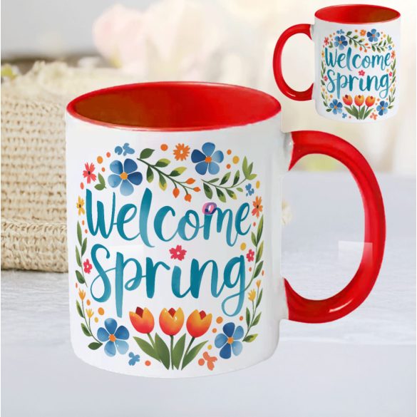 Húsvéti bögre "Welcome Spring" , piros, kerámia