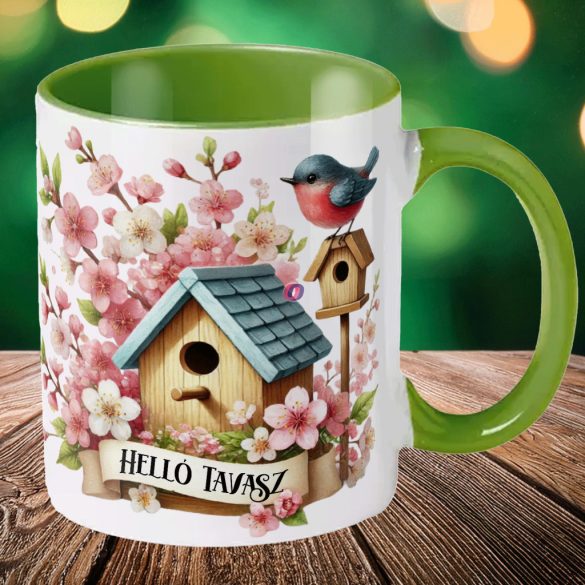 Húsvéti bögre "Helló Tavasz" egyedi felirattal, zöld, kerámia