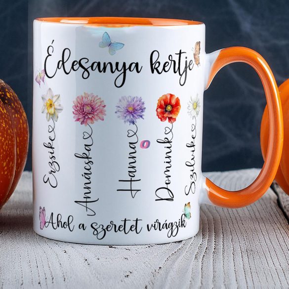 Anyák napi bögre "Anya kertje" egyedi névvel, narancssárga, kerámia