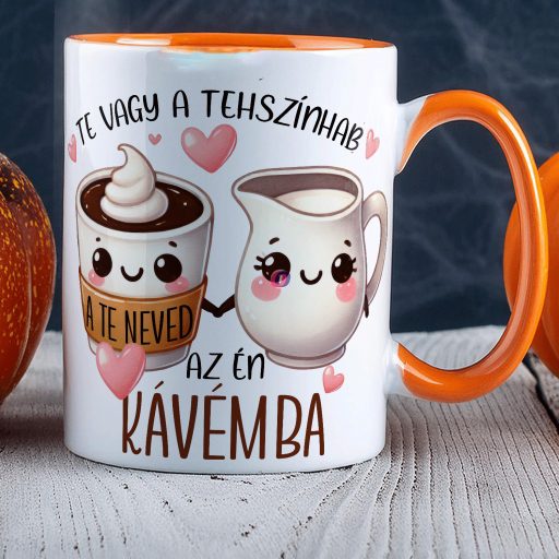 Szerelmes bögre "Te vagy a tejszínhab a kávémba" egyedi névvel, narancssárga, kerámia