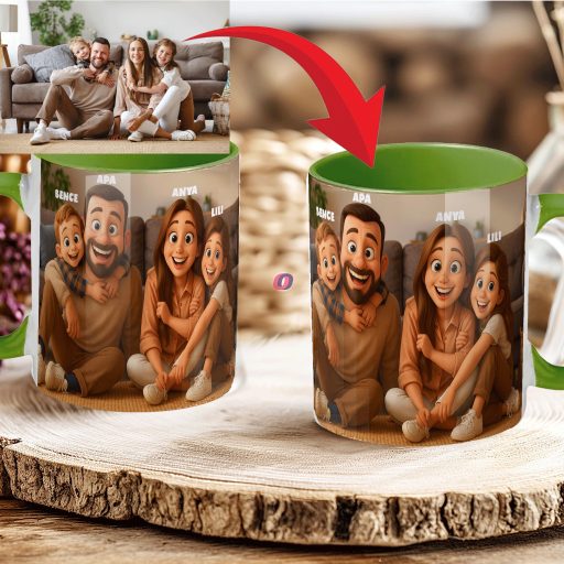 Egyedi grafikás bögre Anyák napjára Fényképből Mesefigurák Személyre szabható, zöld, kerámia