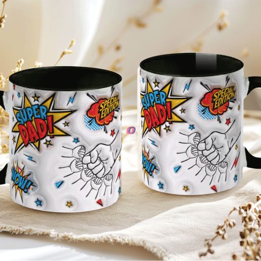 Apák napi bögre "Super Dad, Max 5 gyerek" Személyre szabható, fekete, kerámia