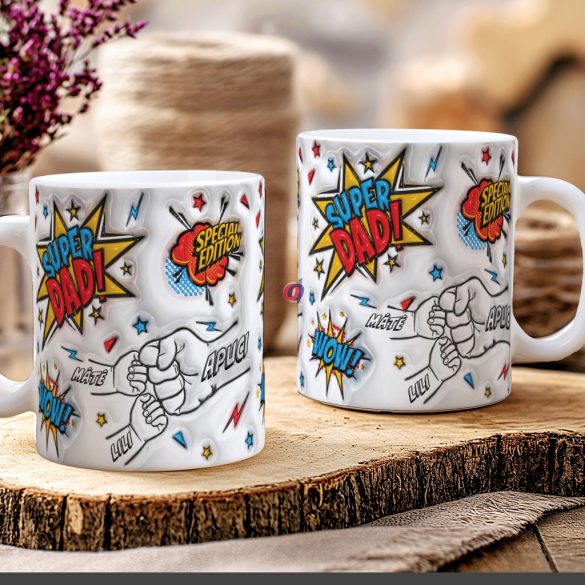 Apák napi bögre "Super Dad, Max 5 gyerek" Személyre szabható, fehér, kerámia