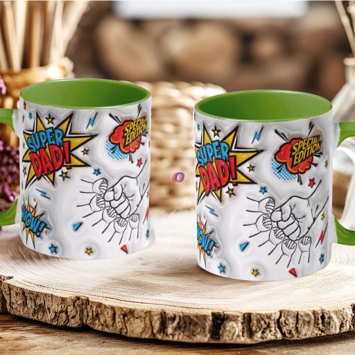 Apák napi bögre "Super Dad, Max 5 gyerek" Személyre szabható, zöld, kerámia